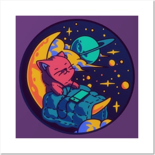 Sleeping kitten on moon, cute cat sleeping on moon neon Posters and Art